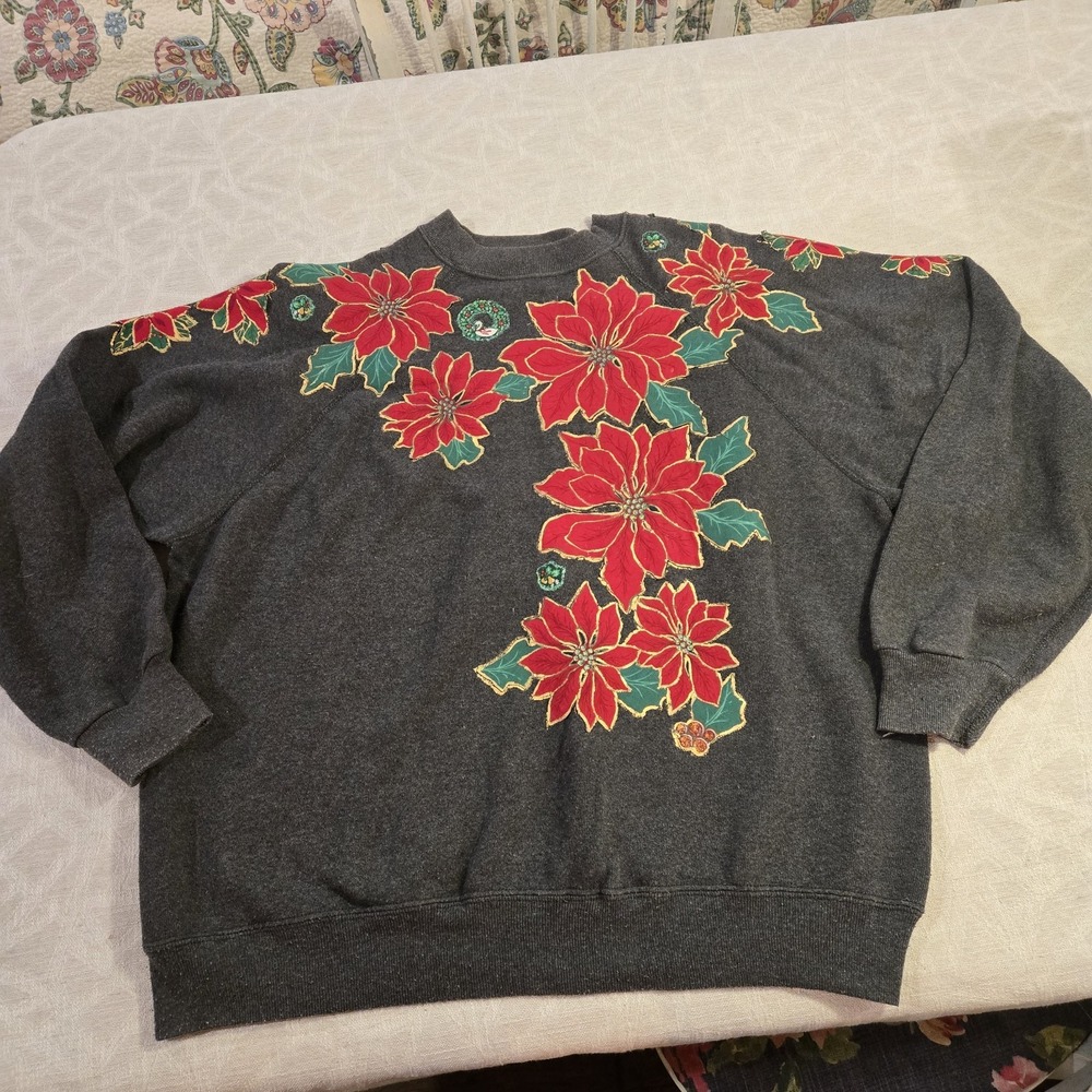 VTG ‎ Christmas Poinsettia Puffy Paint Crewneck Sweatshirt Sz M/L
